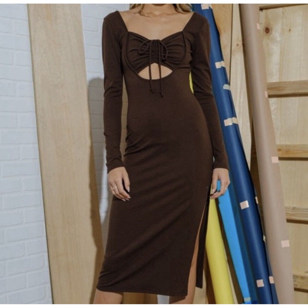 PAPERMOON Womens Bodycon Casual Cocktail Long Sleeve Midi Dress‎ In Brown Size M